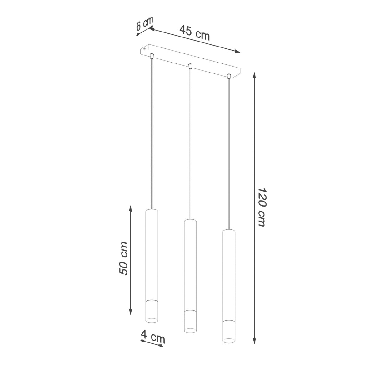 Schéma coté suspension Wezyr 3 patère 45 x 6 cm tubes de 50 cm et 4 cm de diamètre hauteur totale 120 cm