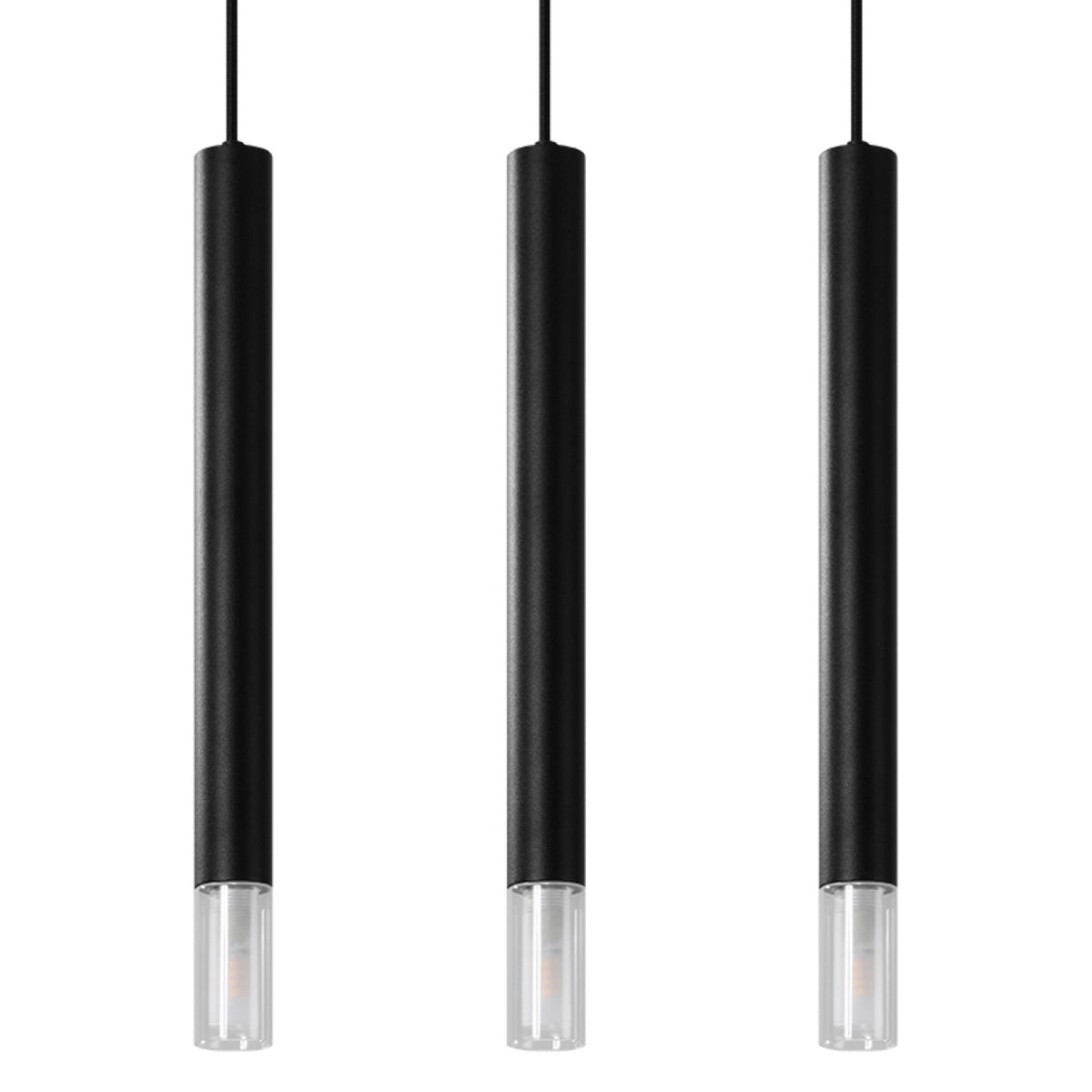 Suspension Wezyr 3 métal noir trois tubes à embout de verre transparent