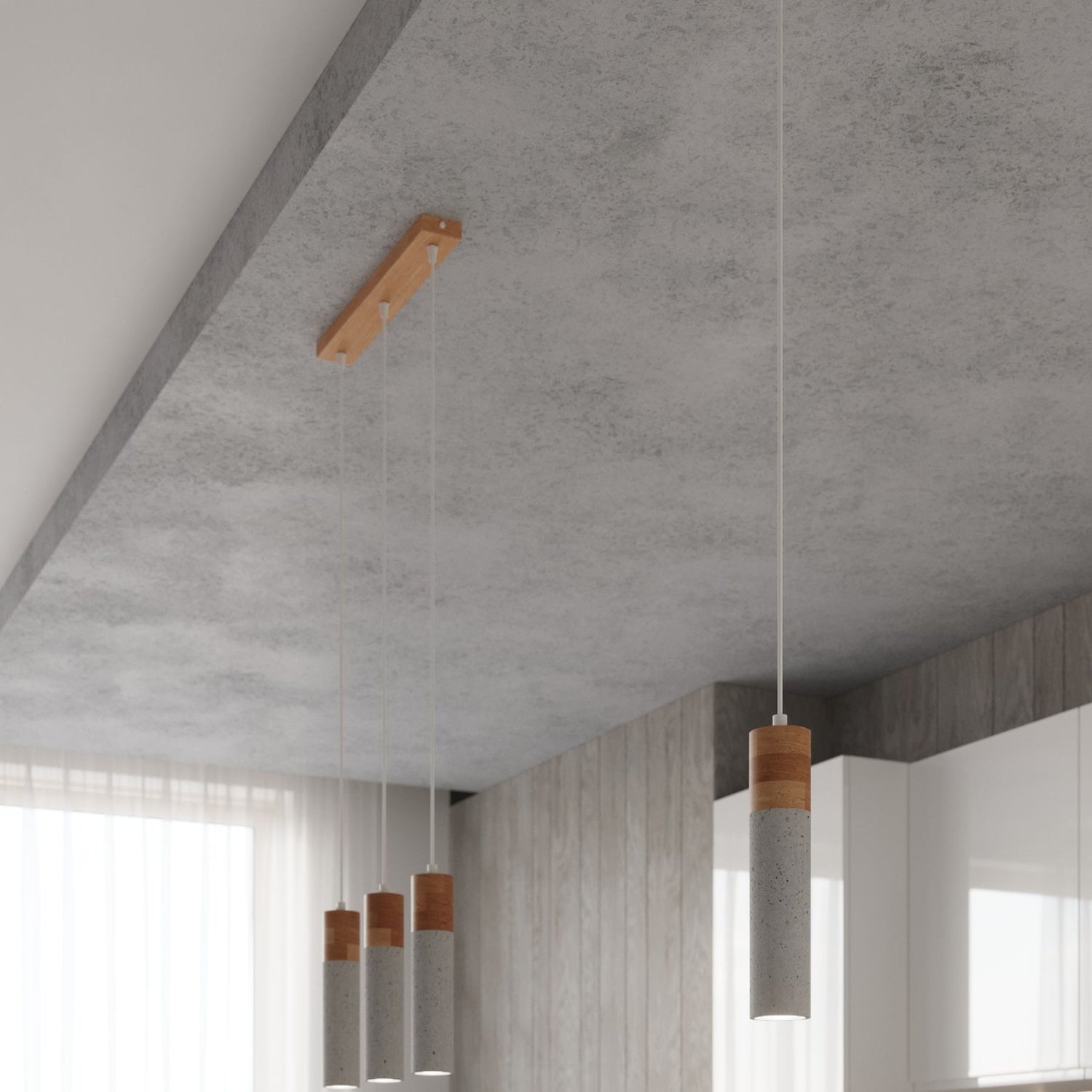 Suspension Zane 1 bois et béton gris, ambiance chaleureuse