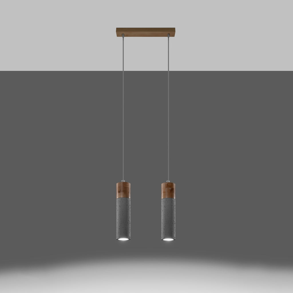 Suspension Zane 2 bois et béton gris allumée, faisceau vers le bas