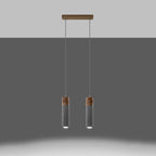 Suspension Zane 2 bois et béton gris allumée, faisceau vers le bas