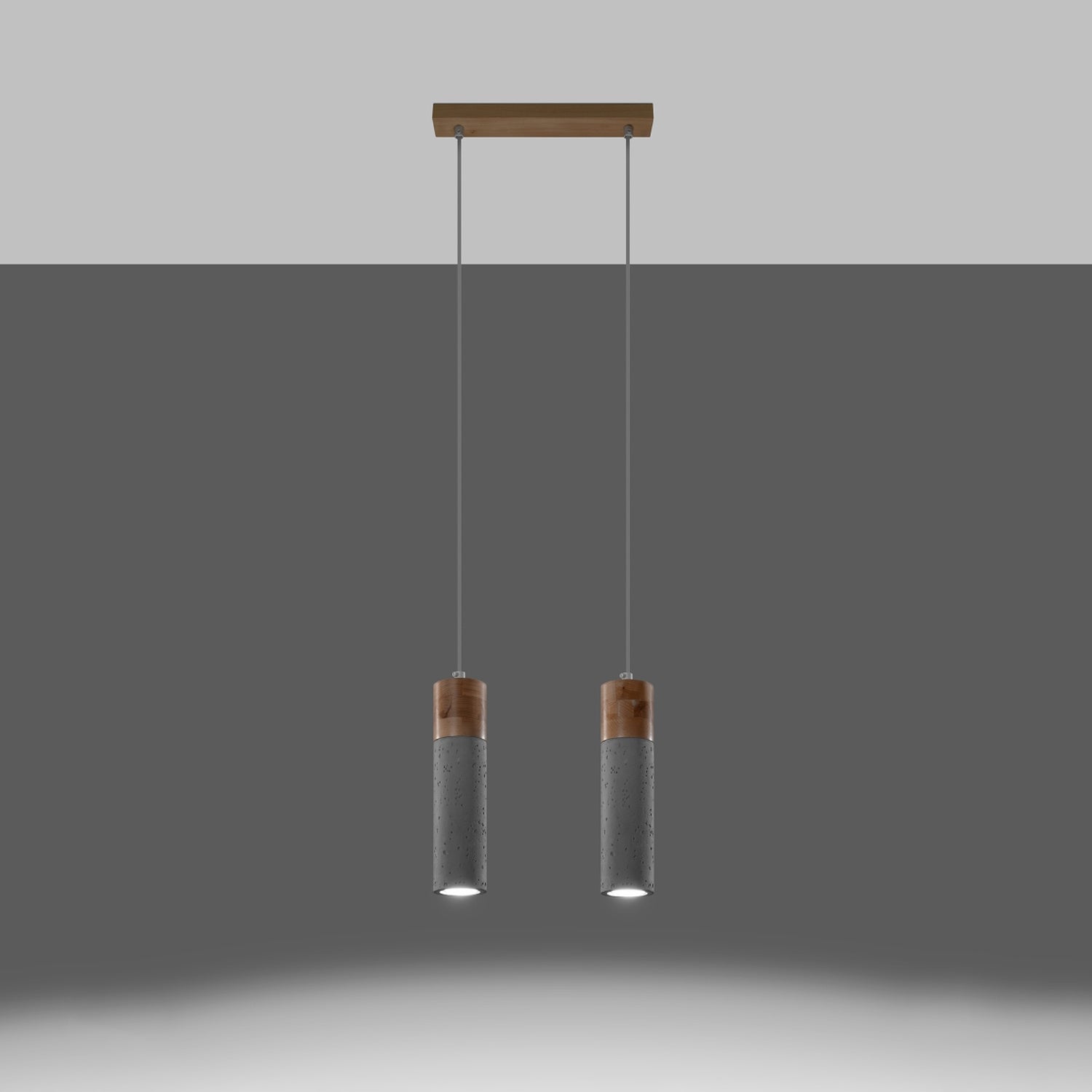 Suspension Zane 2 bois et béton gris allumée, faisceau vers le bas