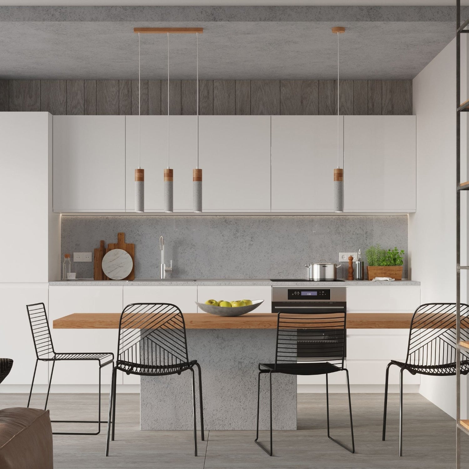 Suspension Zane 2 bois et béton gris au-dessus d'une table