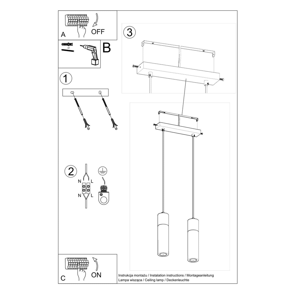 Schéma de montage de la suspension Zane 2 lumières avec fixation de l'étrier et de la rosace au plafond