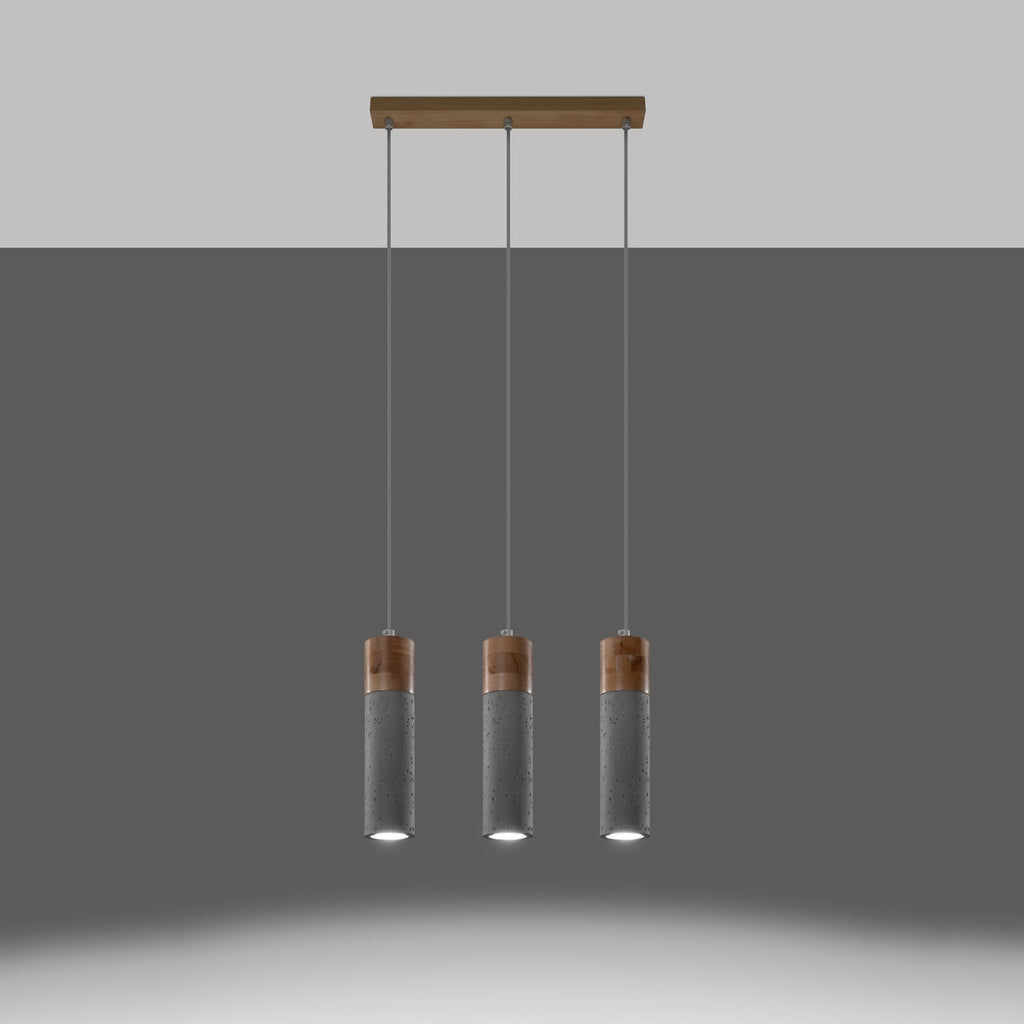 Suspension Zane 3 bois et béton gris allumée, faisceau vers le bas