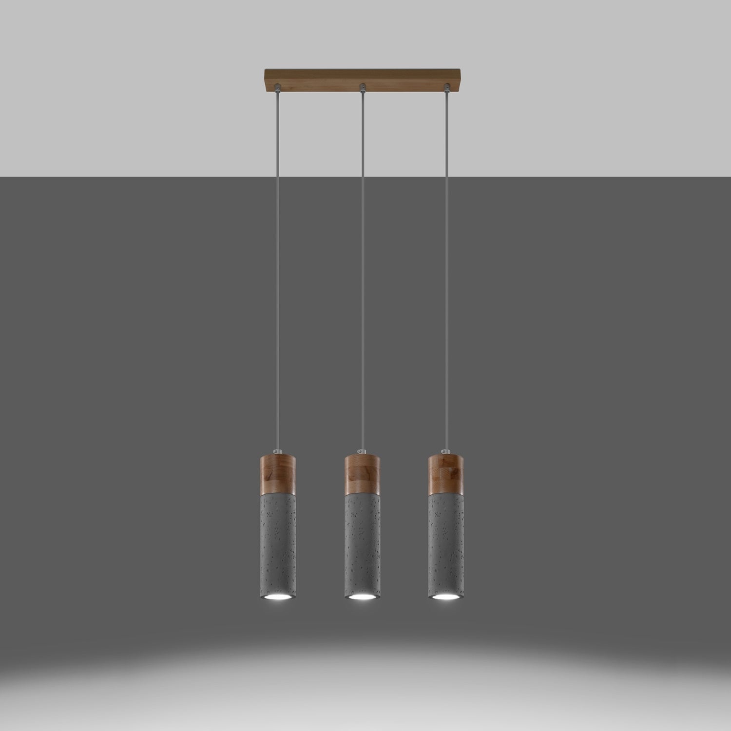 Suspension Zane 3 bois et béton gris allumée, faisceau vers le bas