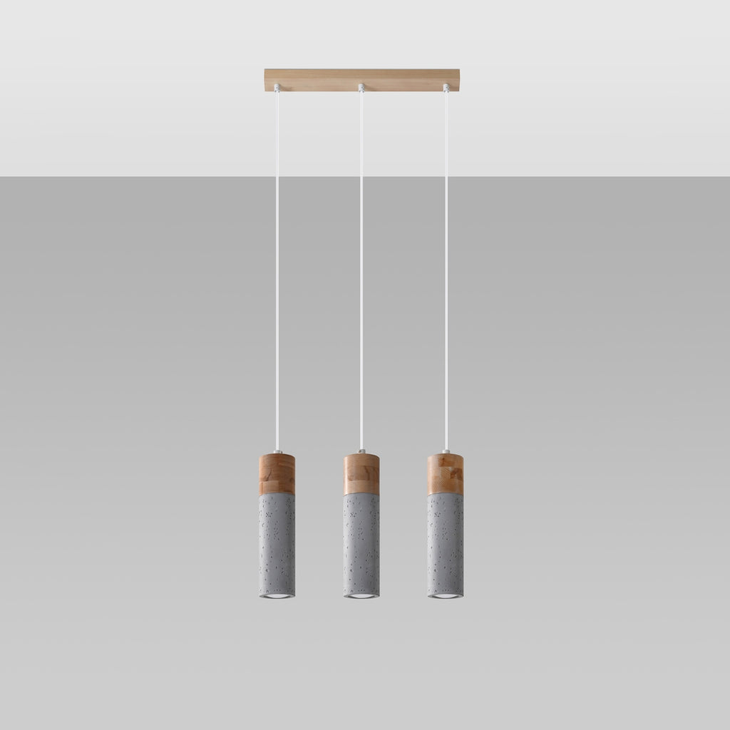 Suspension Zane 3 bois et béton gris, détail du bois et du béton