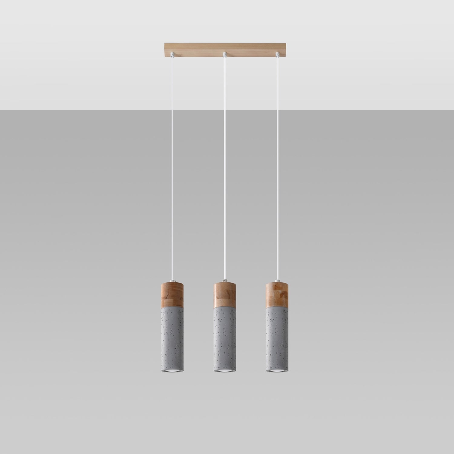 Suspension Zane 3 bois et béton gris, détail du bois et du béton