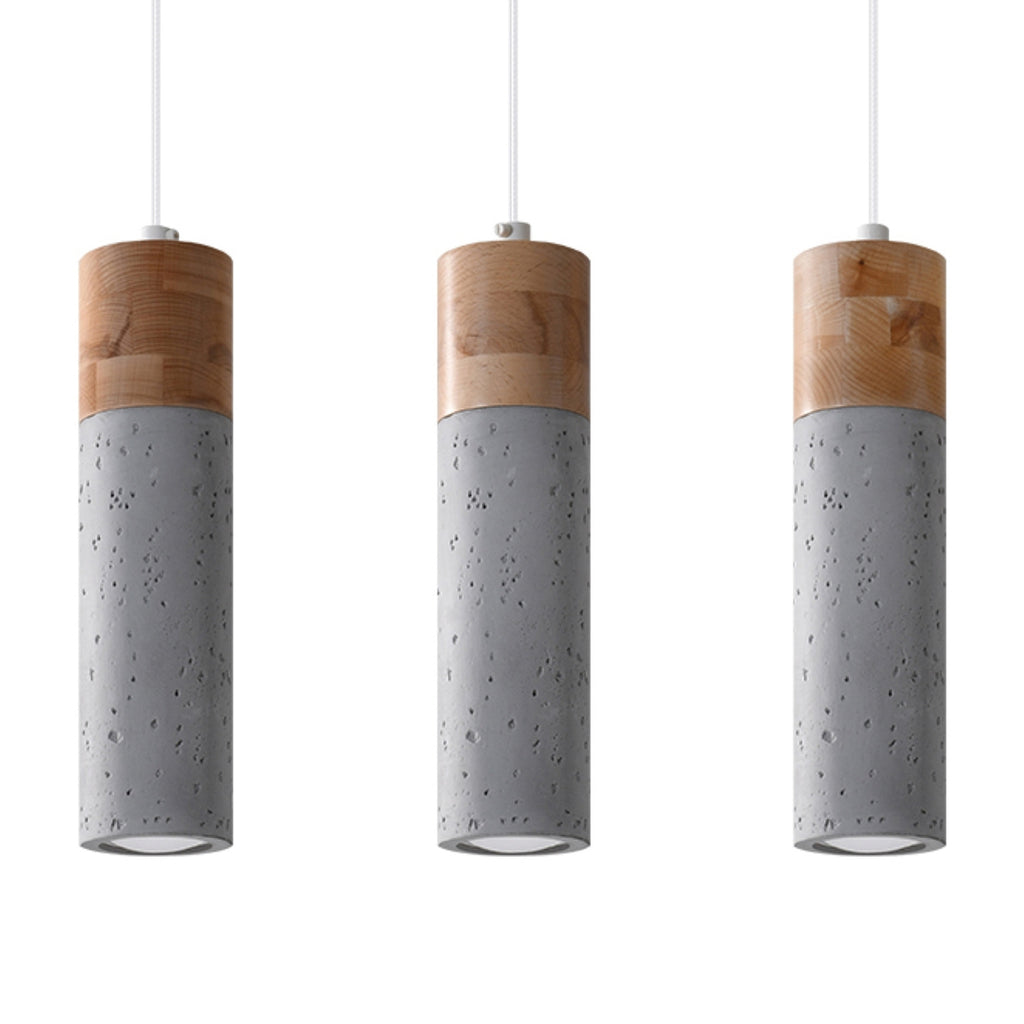 Suspension Zane 3 bois et béton gris, tube bois et béton