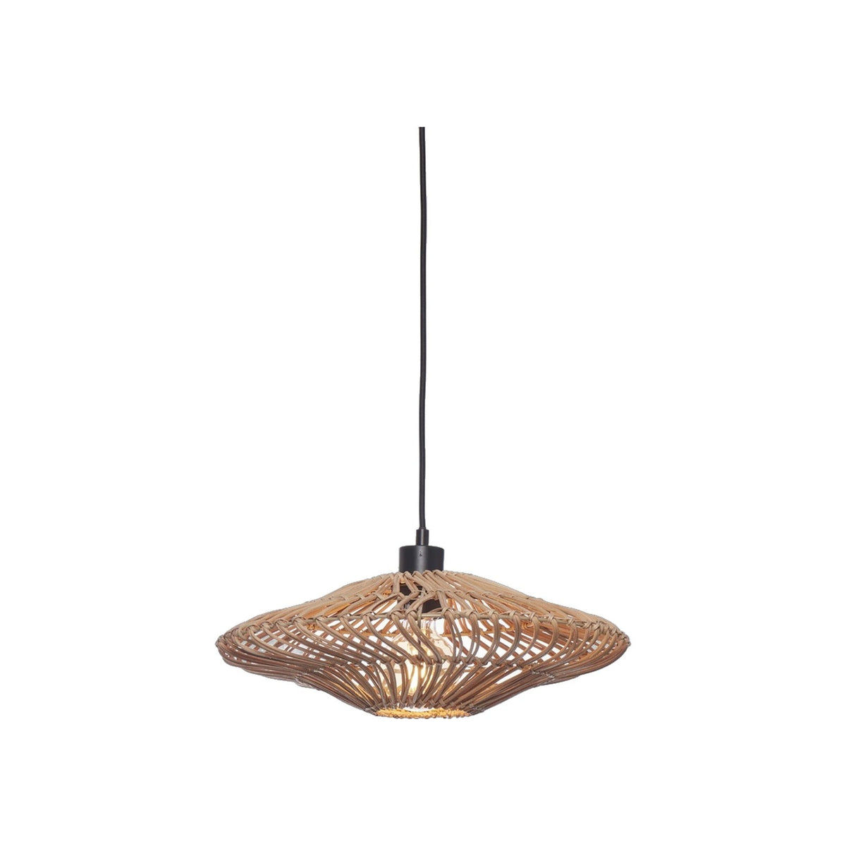 Suspension Zanzibar rotin naturel 40 cm détourée allumée au bout de son câble noir