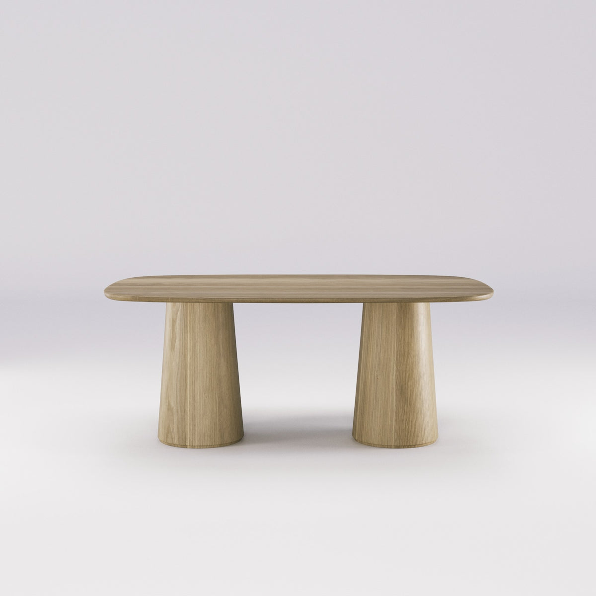 Table à manger Amos en chêne naturel vue de face avec ses deux fûts coniques