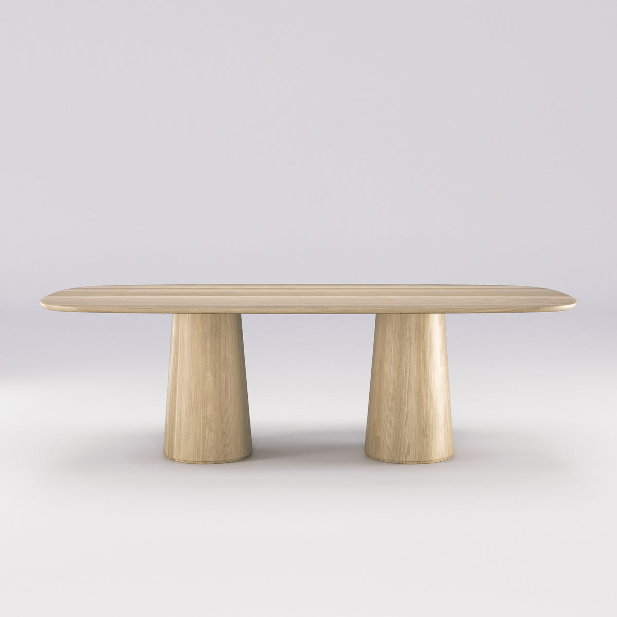 Table à manger Amos en chêne naturel vue de face avec ses deux fûts coniques