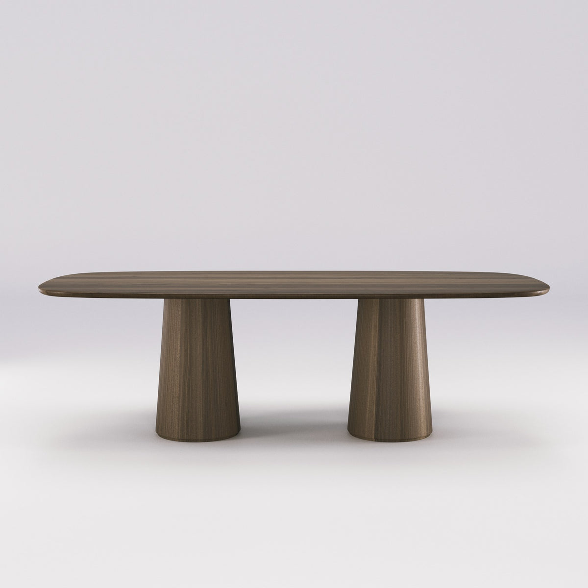 Table à manger Amos en noyer foncé vue de face avec ses deux fûts coniques