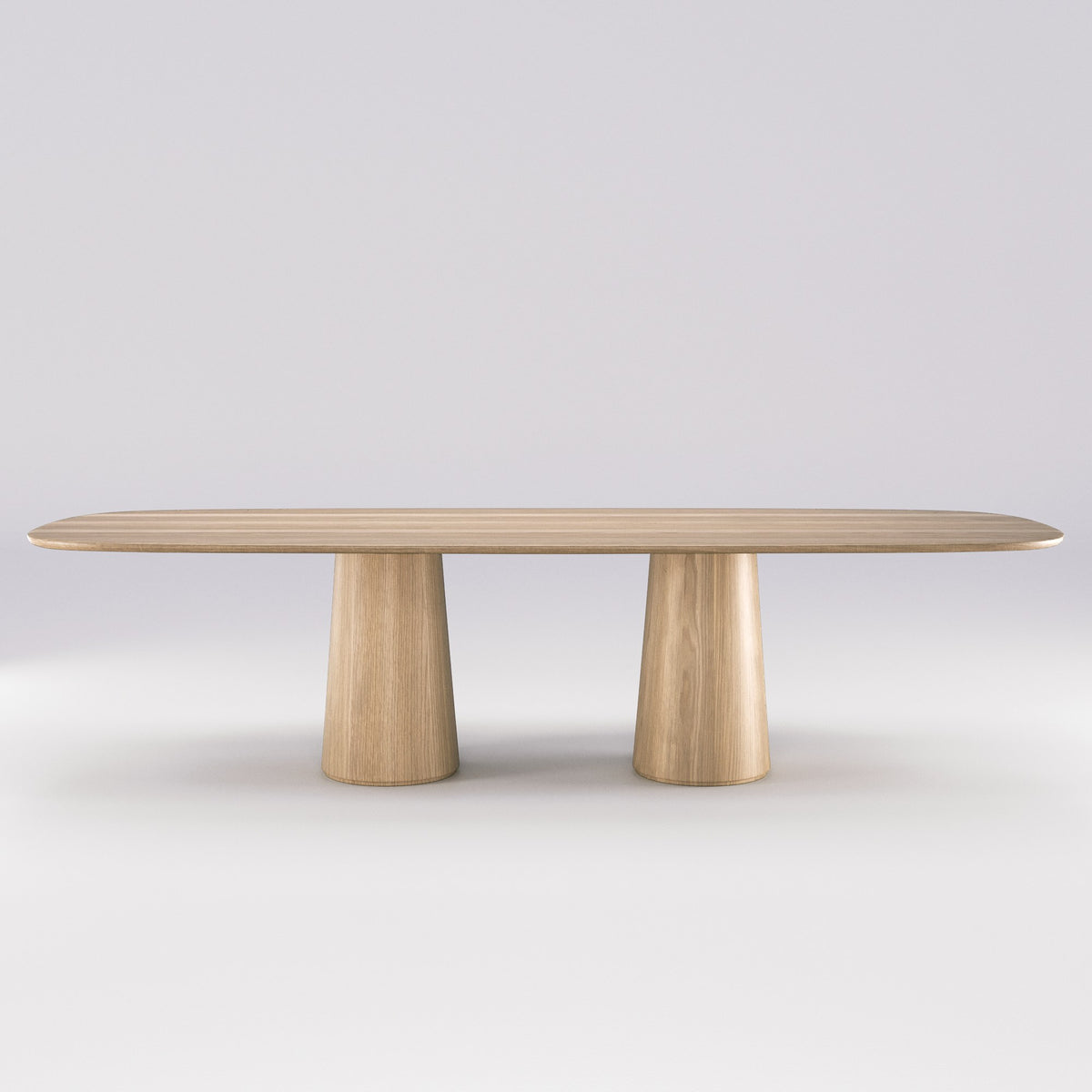 Table à manger Amos en chêne naturel vue de face avec ses deux fûts coniques
