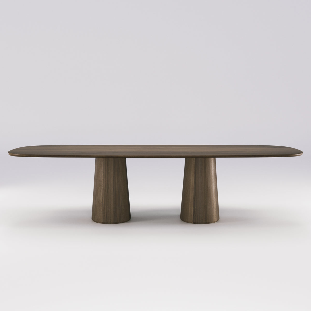Table à manger Amos Noyer foncé vue de face avec ses deux fûts coniques