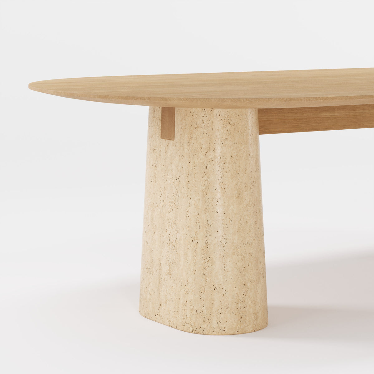 Socle en travertin et clé de bois sous le plateau en chêne naturel de la table Anchor