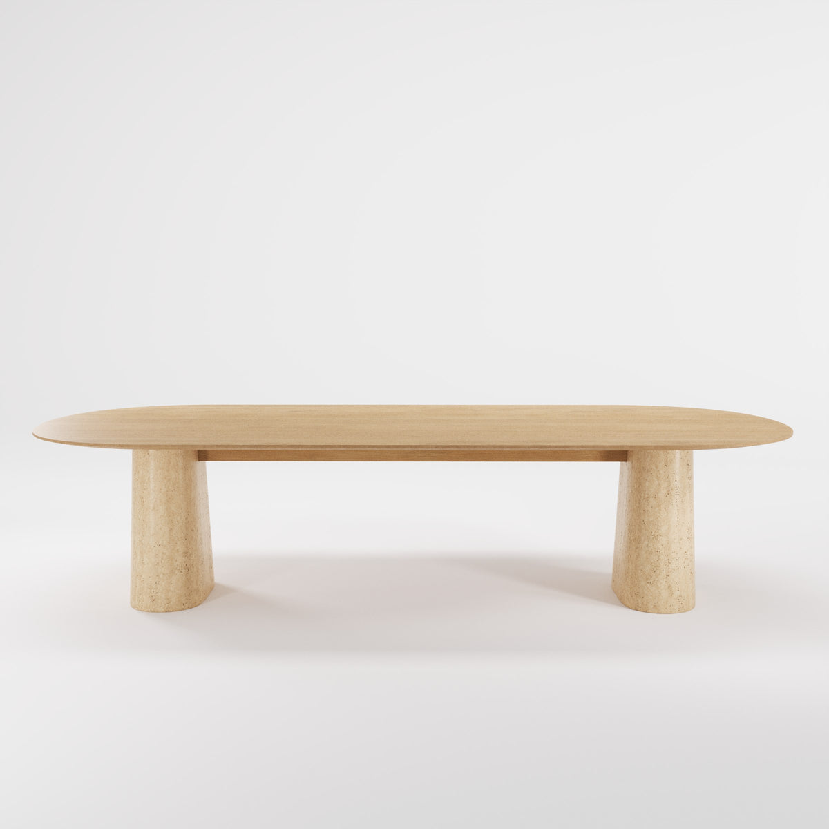 Table à manger Anchor 300 cm en chêne naturel vue de face sur ses deux socles en travertin