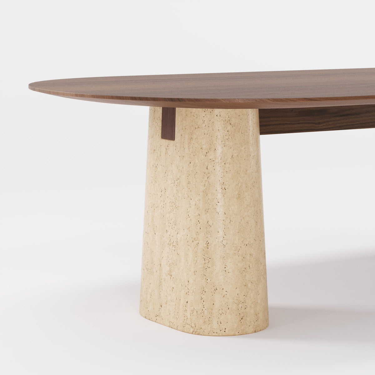 Socle en travertin et clé de bois sous le plateau en noyer foncé de la table Anchor