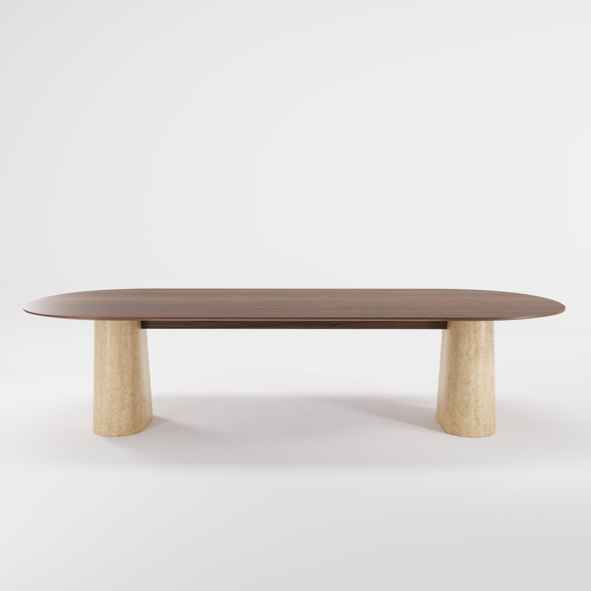 Table à manger Anchor 300 cm en noyer foncé vue de face sur ses deux socles en travertin