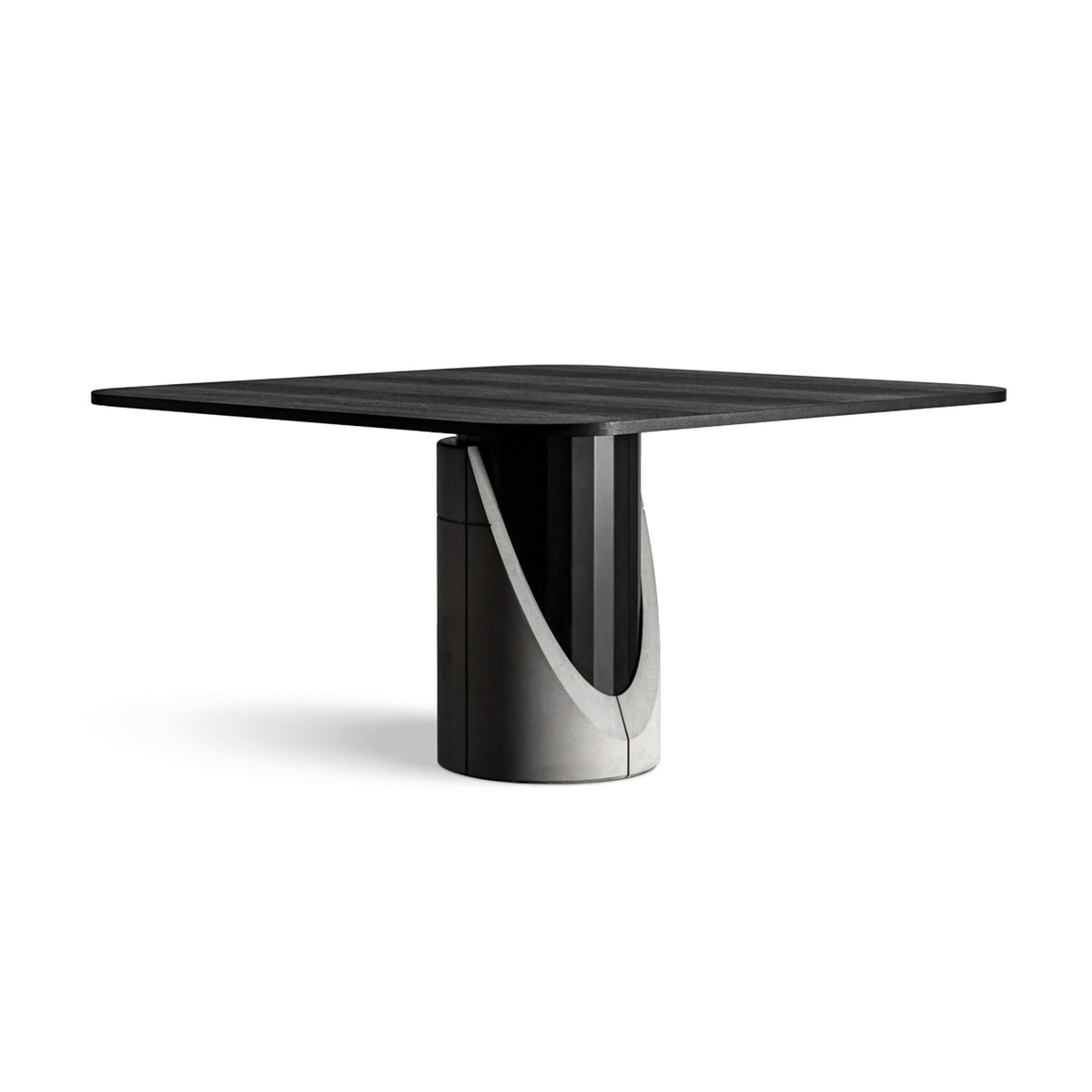 Table à manger Sharp carrée aux angles arrondis sur fond blanc avec son pied central en béton et acier