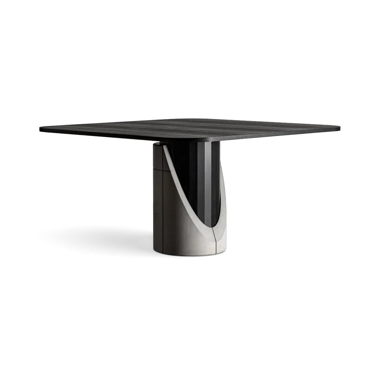 Table à manger Sharp carrée avec plateau en chêne noir et pied central en béton gris et acier noir facetté