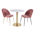 Table Bolzano entourée de deux chaises en velours rose sur fond blanc