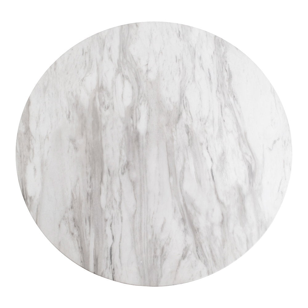 Plateau rond de la table Bolzano vu du dessus avec son décor marbré blanc veiné de gris