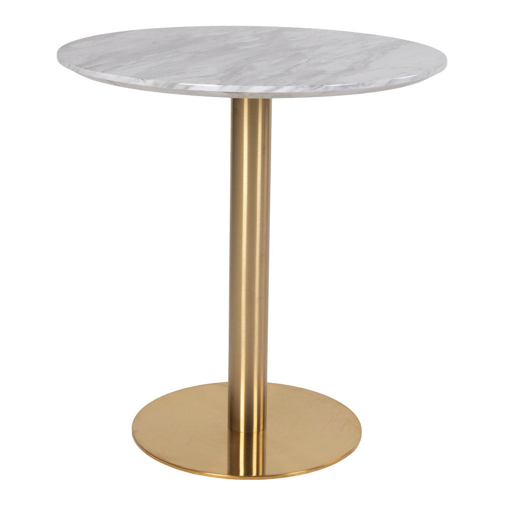 Table à manger ronde Bolzano vue de face avec son plateau au décor marbré et sa colonne dorée