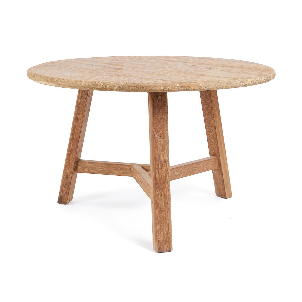 Table à manger ronde Noguchi en teck naturel vue de trois quarts avec son piètement à trois pieds