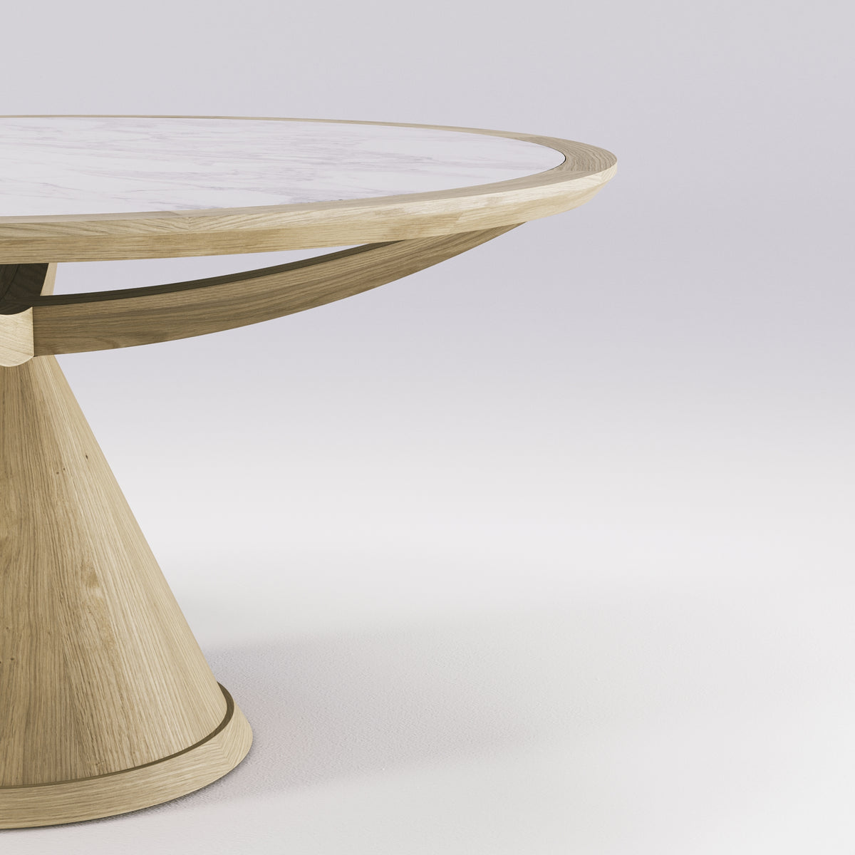 Bord du plateau de céramique dans son anneau de bois, table Vasco en chêne et céramique blanche veinée