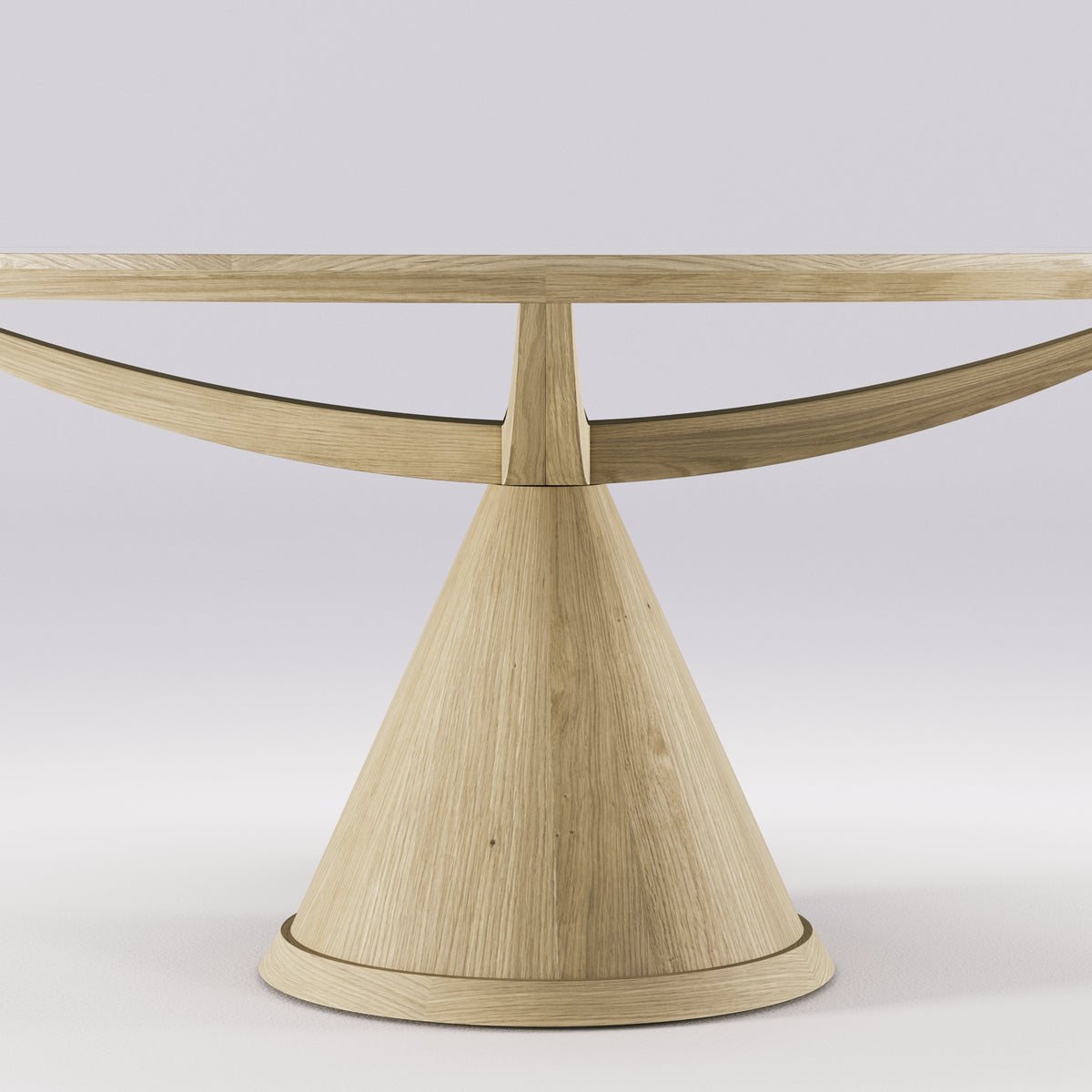 Bras courbes et socle conique de la table Vasco en chêne et céramique blanche veinée