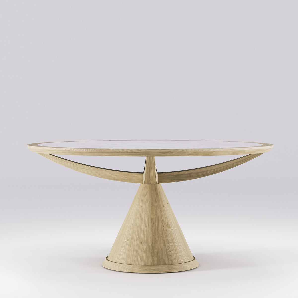 Table à manger ronde Vasco en chêne et céramique blanche veinée vue de face sur son socle conique