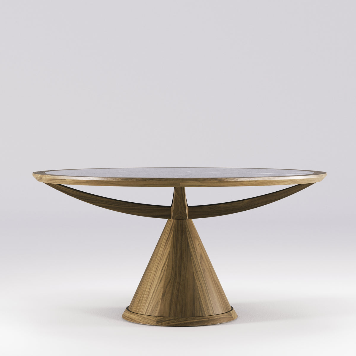 Table à manger ronde Vasco en noyer et céramique noire veinée vue de face sur son socle conique