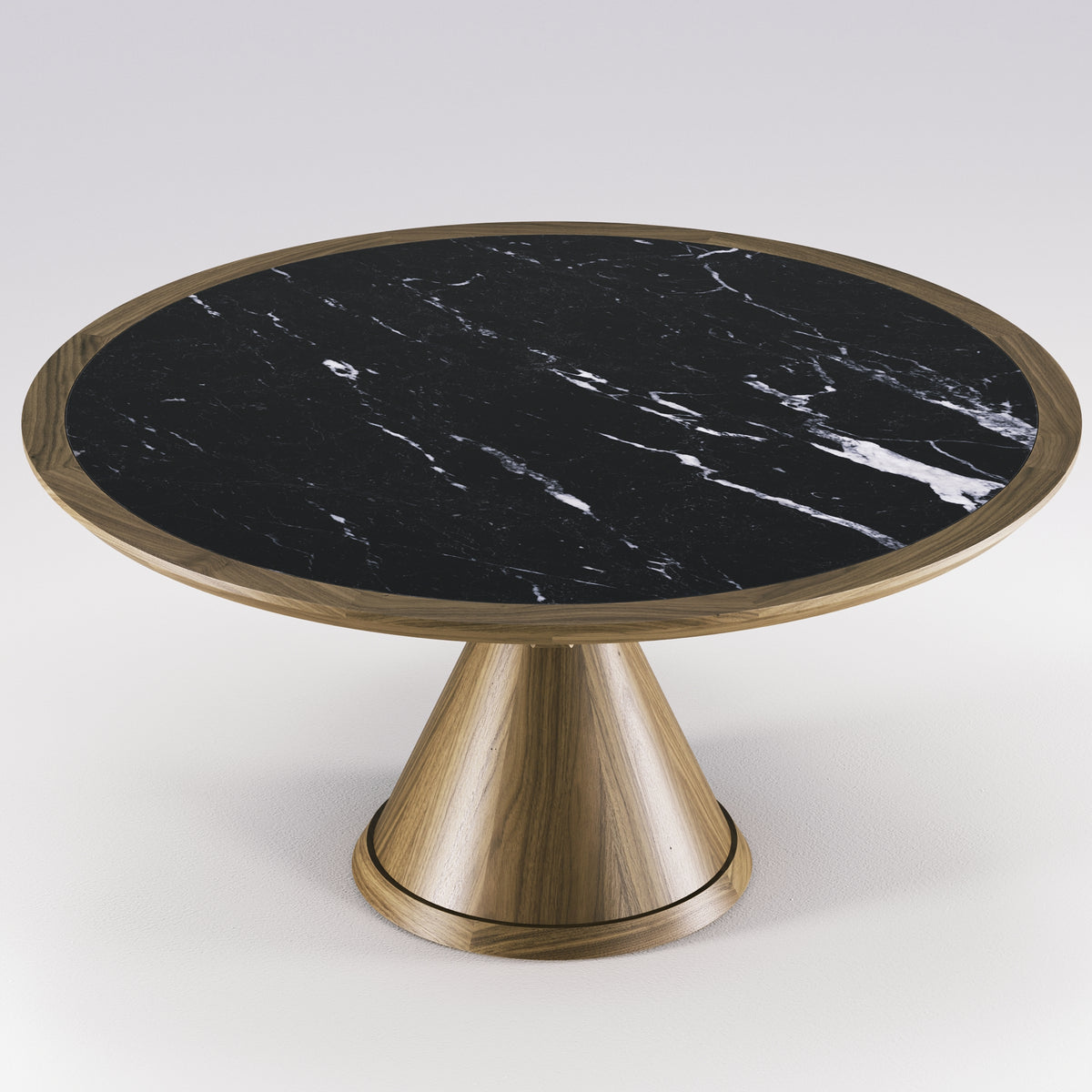 Table à manger ronde Vasco en noyer et céramique noire veinée vue de trois quarts, plateau visible