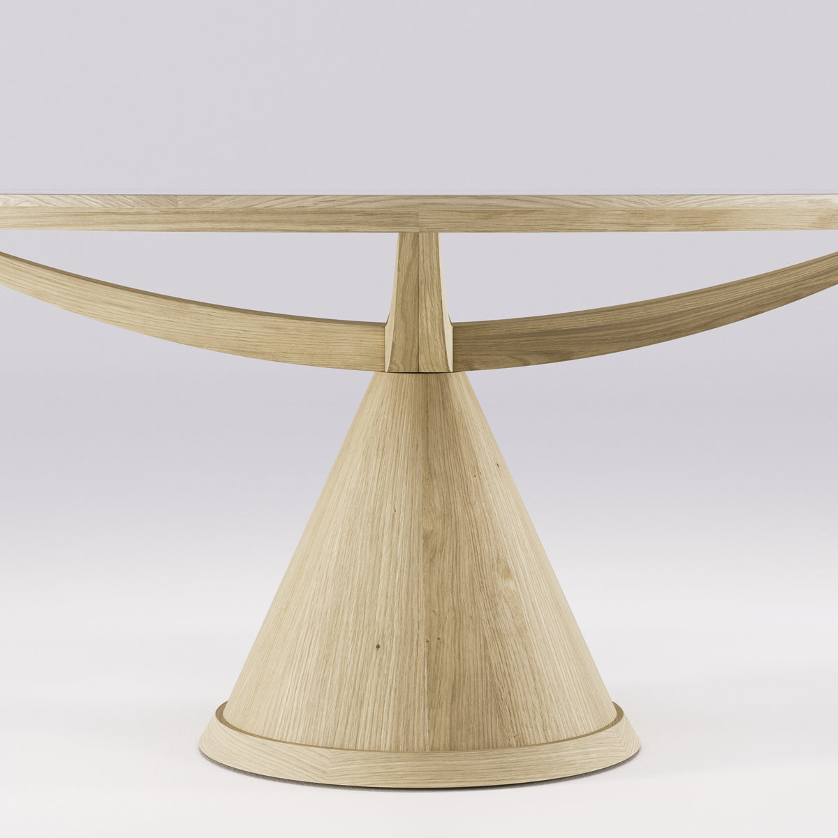 Bras courbes et socle conique en chêne naturel de la table Vasco