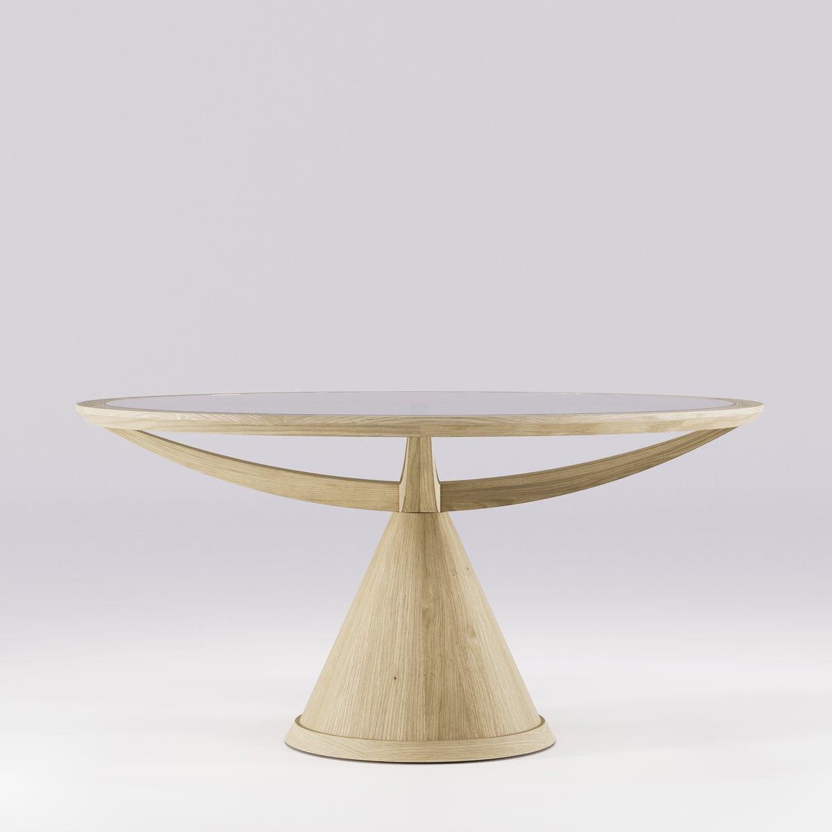 Table à manger ronde Vasco en chêne naturel vue de face sur son socle conique