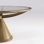 Bord du plateau de verre bronze posé dans son anneau de noyer foncé sur la table Vasco