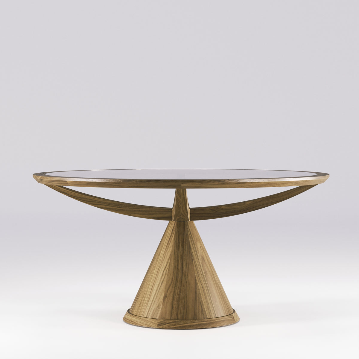 Table à manger ronde Vasco en noyer foncé vue de face sur son socle conique