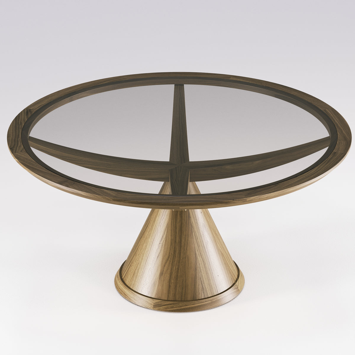 Table à manger ronde Vasco en noyer foncé vue de trois quarts avec son plateau de verre bronze