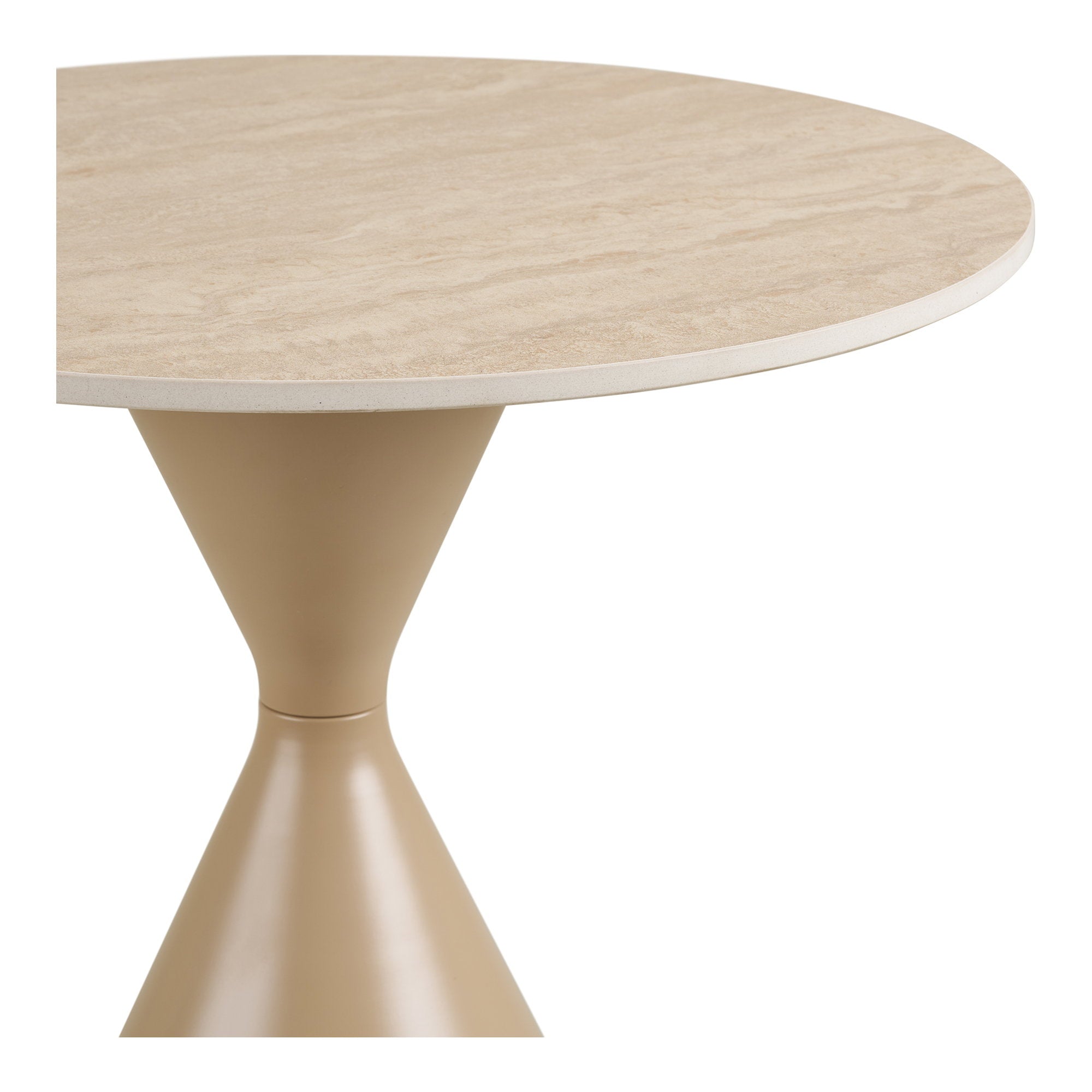 Détail jonction double cône sablier acier sable mat et tranche plateau céramique table Annecy