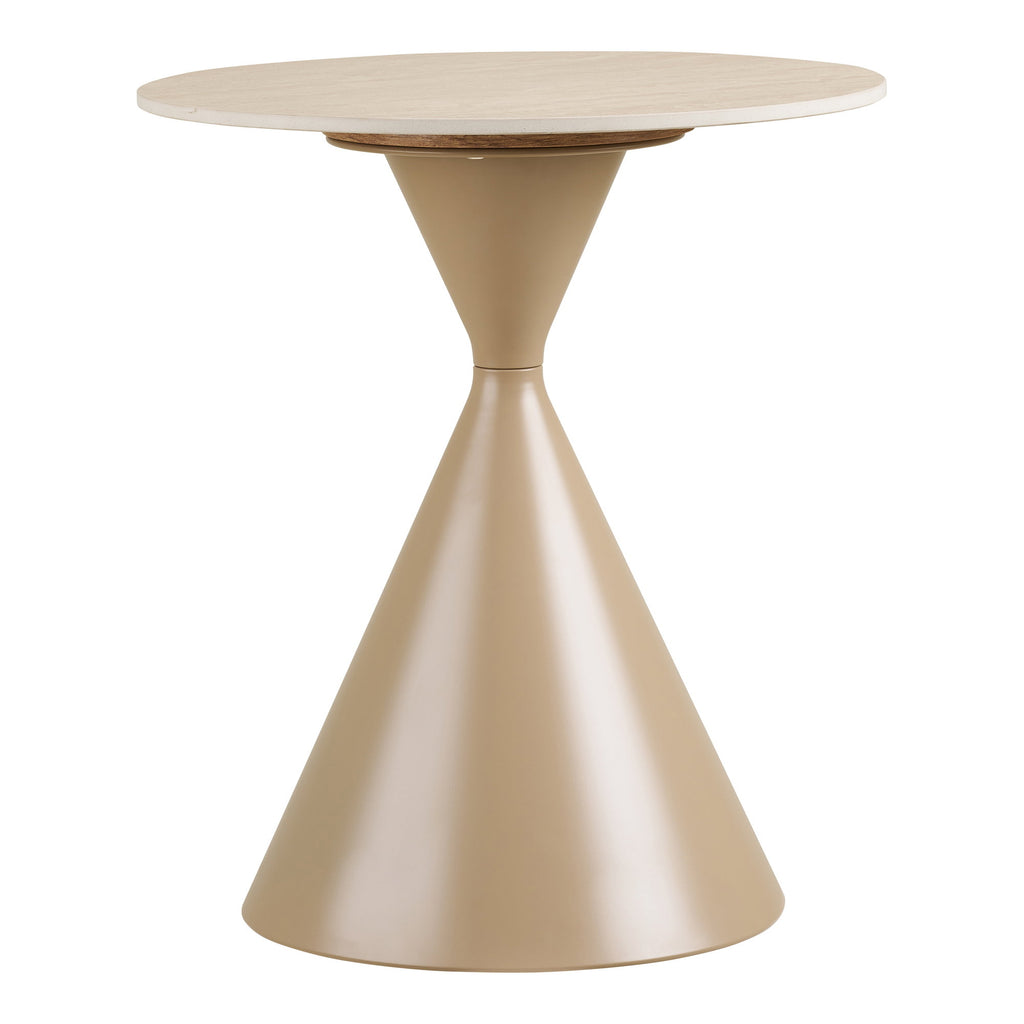 Table d'appoint Annecy céramique travertin crème base sablier acier sable mat vue de face fond blanc