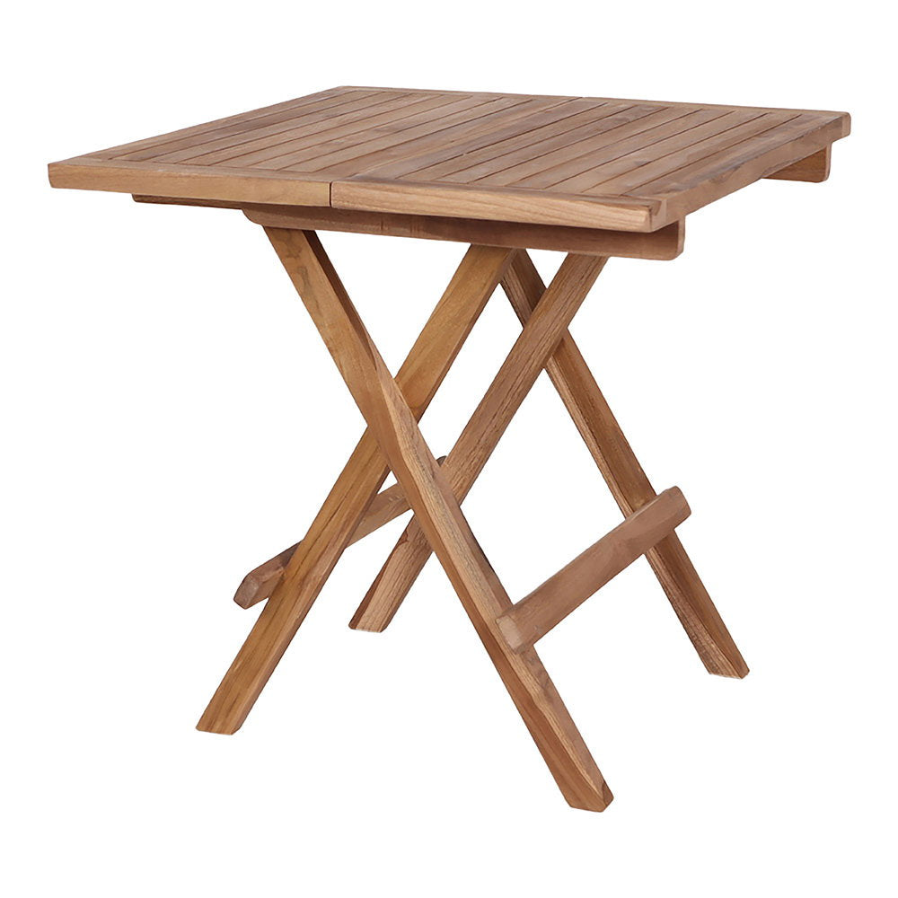 Table d'appoint pliante Bilbao teck naturel vue 3/4 dos, structure croisée