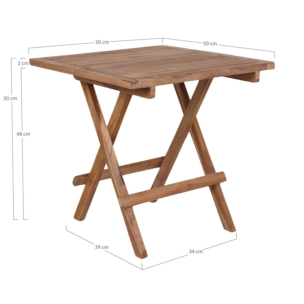 Schéma dimensions table Bilbao teck 50x50x50 cm, piétement 39x34 cm