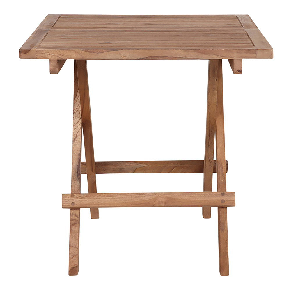 Table d'appoint teck Bilbao vue de face, pieds croisés en X, plateau carré