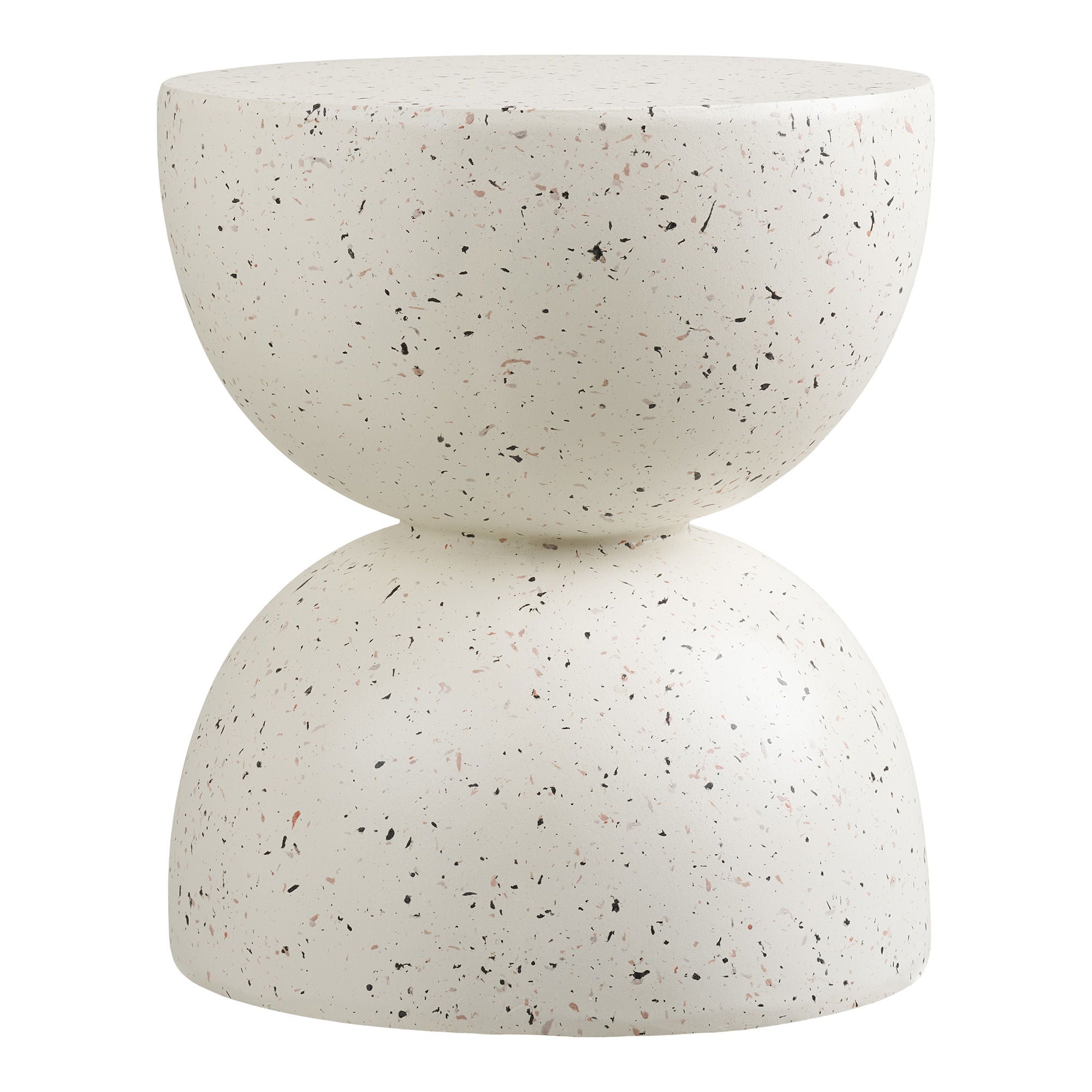 Table d'appoint ronde effet terrazzo blanc cassé forme sablier design sculptural
