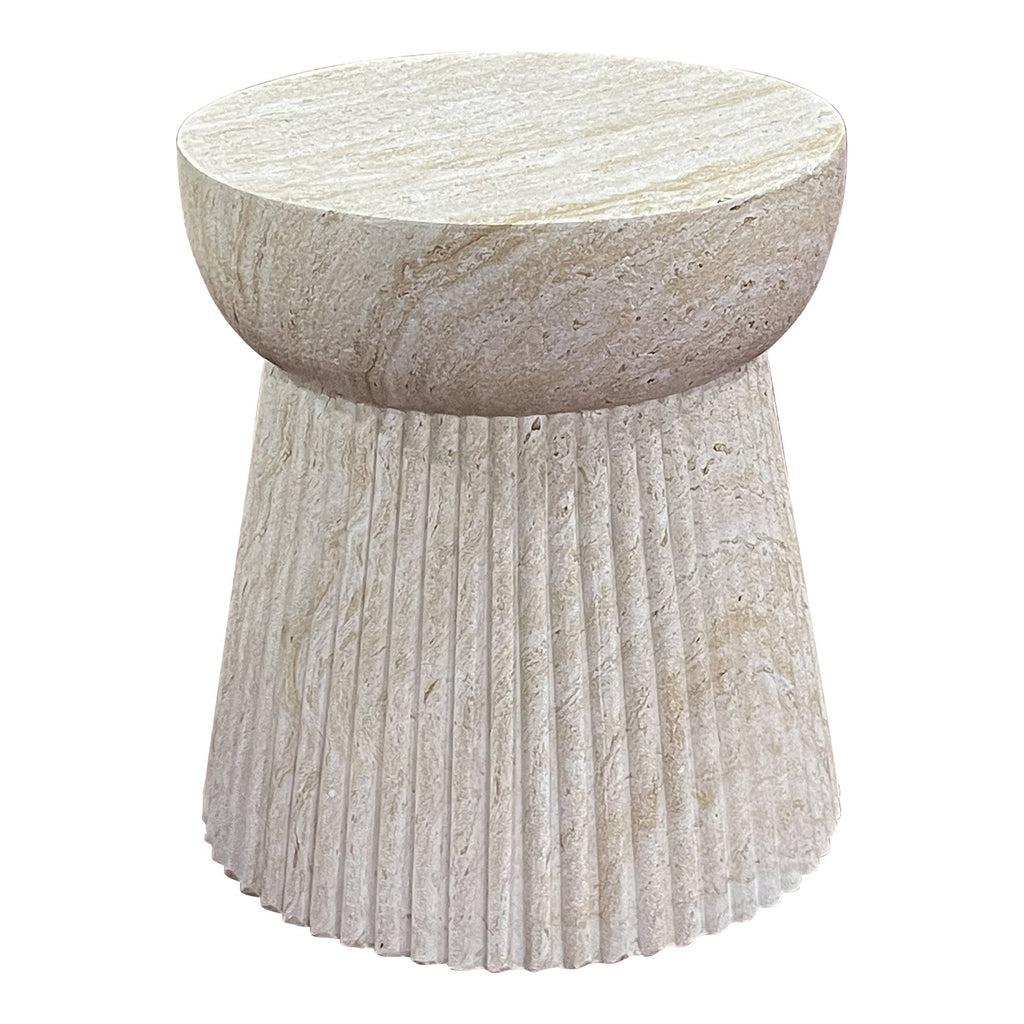 Table d'appoint ronde effet pierre naturelle cannelures beige travertin fond blanc