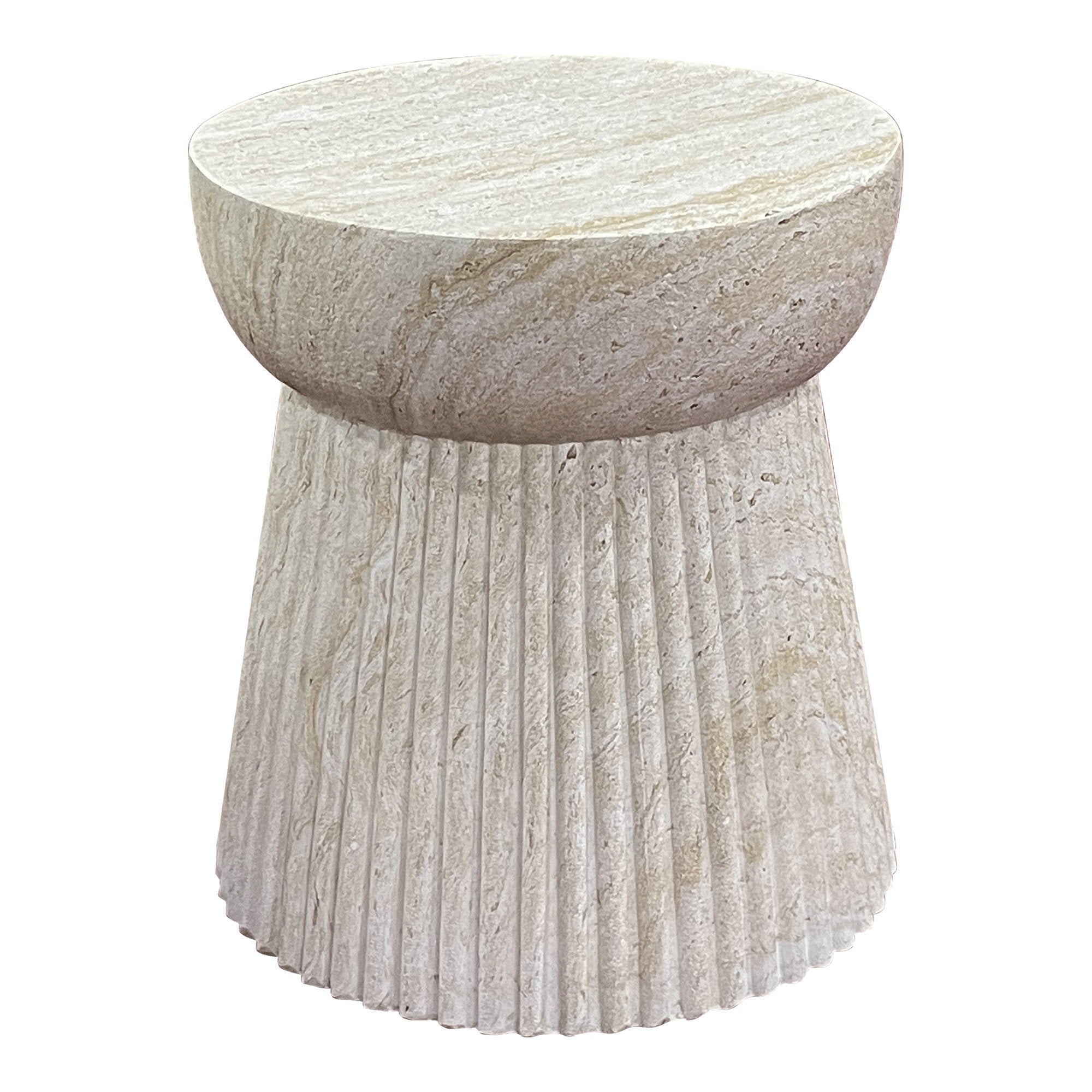 Table d'appoint ronde effet pierre naturelle cannelures beige travertin fond blanc