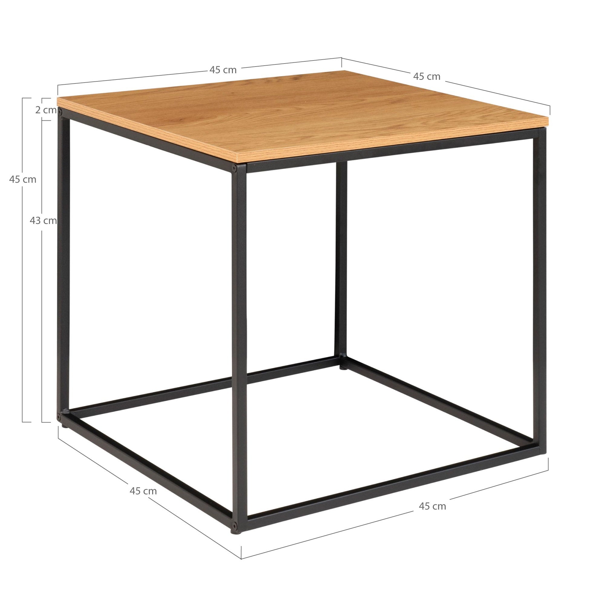 Table Vita chêne naturel cadre noir avec cotes 45x45x45 cm plateau mélaminé