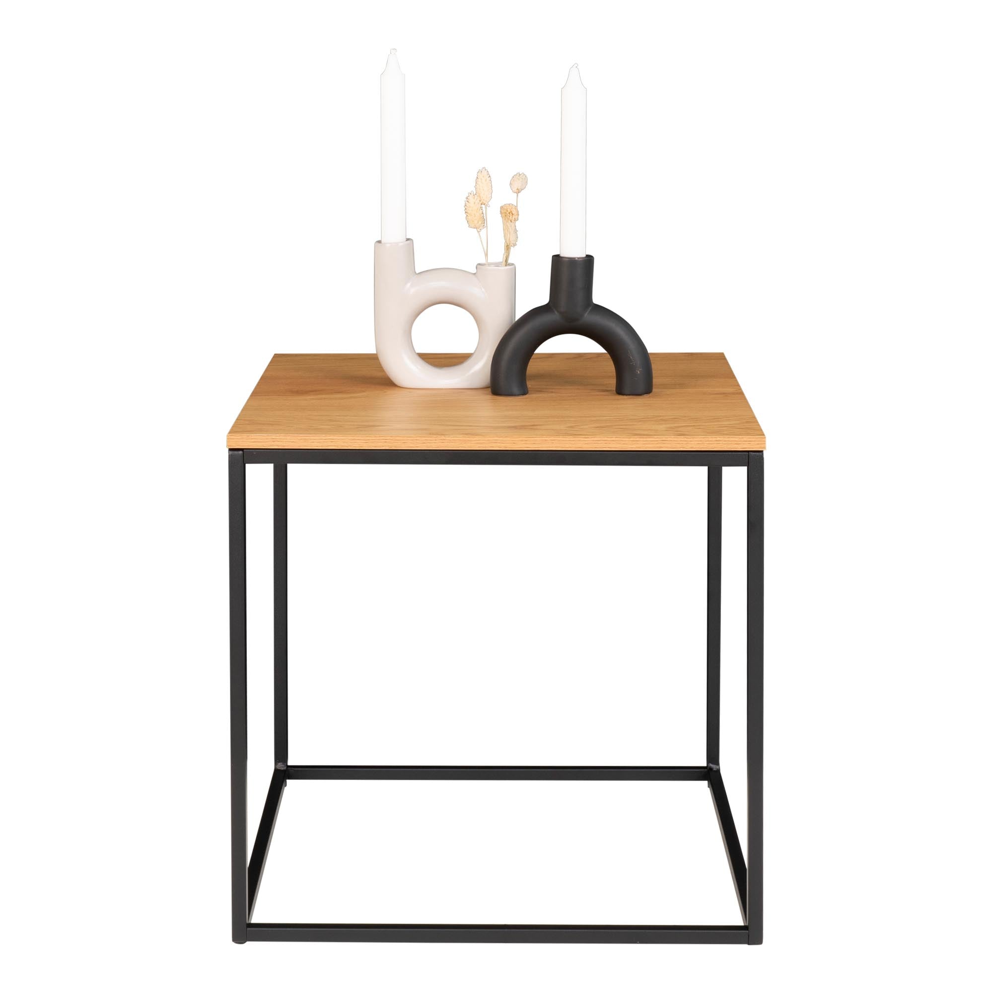 Table Vita chêne noir plateau carré avec bougeoirs céramique et fleurs séchées fond blanc