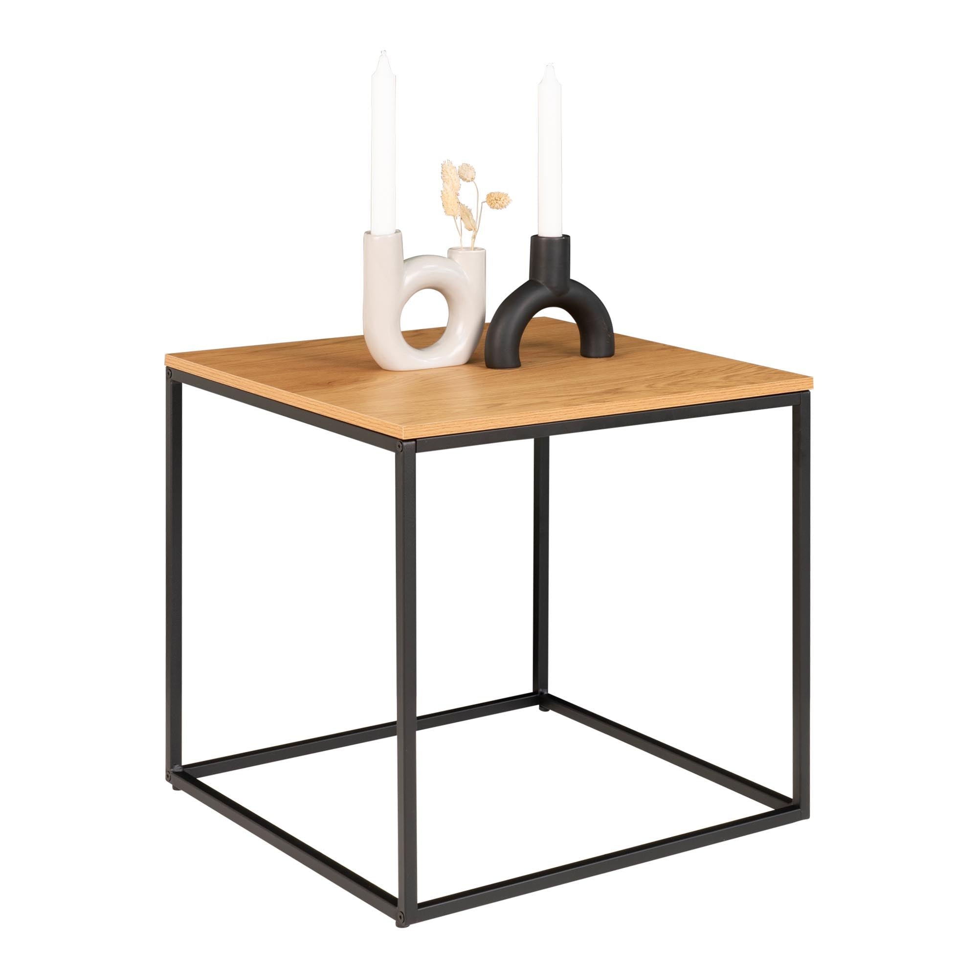 Table Vita chêne naturel noir vue trois quarts avec bougeoirs blancs fond blanc